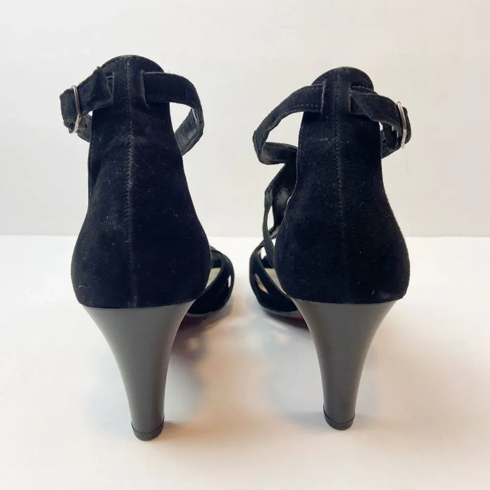 Gabor‎ Fantastica Black Suede Heels Women's Sz 7 Strappy Peep Toe Evening Dressy